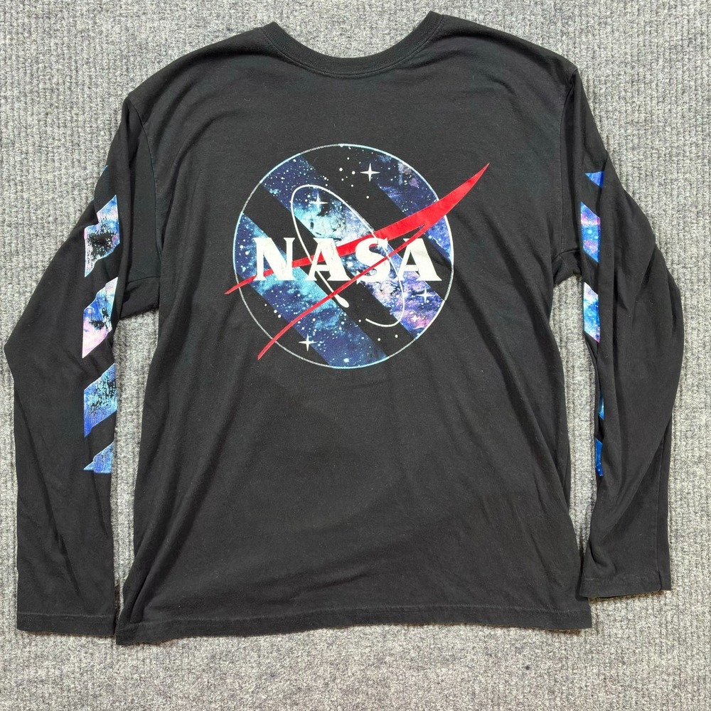 NASA Mens Long Sleeve T Shirt L Black Graphic Logo Space Galaxy Print Streetwear